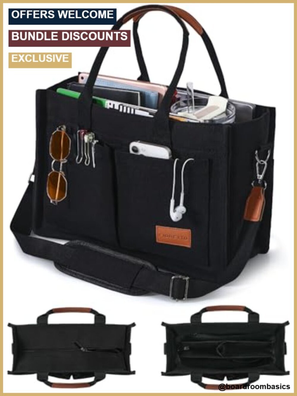 Canvas Tote Bag with Zipper Closure & Multiple Pockets for Work College Travel